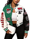 Flygo Womens Cropped Varsity Jacket Colorblock Baseball Streetwear