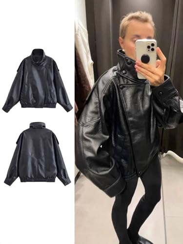 Molilove Women's Leather Jacket Casual Fall Zip Up Jacket Racer Varsity Jackets Biker Motor Coat Outwear