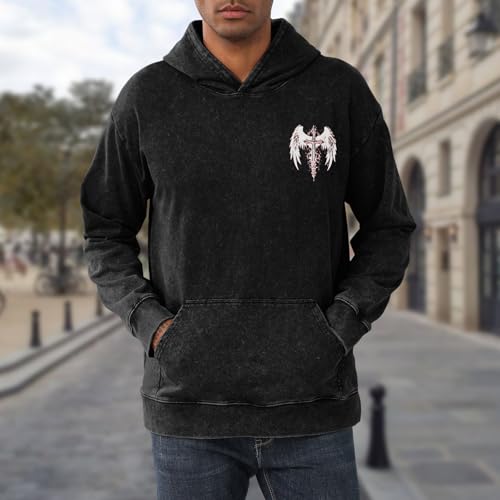 Vintage Streetwear Goth Hoodies for Men Grunge Punk Sweatshirt Gothic Cross Graphic Acid Wash Pullover Hoodie