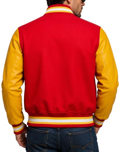 Varsity Jacket - Red Wool Yellow Leather Varsity Letterman Bomber Jacket