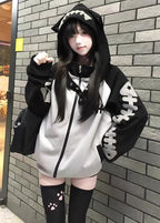 Cat Ear Zip Up Hoodie with Detachable Hood Harajuku Kawaii Fishbone Print