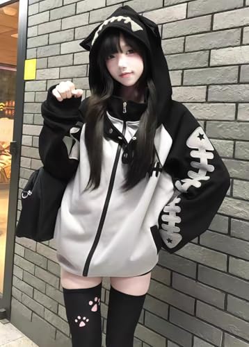 Cat Ear Zip Up Hoodie with Detachable Hood Harajuku Kawaii Fishbone Print