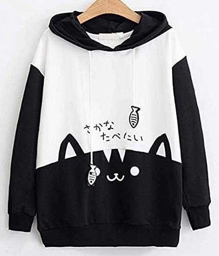 CRB Fashion Cosplay Ladies Anime Bunny Emo Rabbit Hoodie Ears Costume Raccoon Teddy Panda Emo Bear T Shirt Top Shirt (Black Cat)