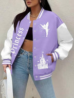 LUKYCILD Women Varsity Jacket Magic Kingdom Shirts Castle Graphic Tops Button Down Jacket Casual Holiday Coats