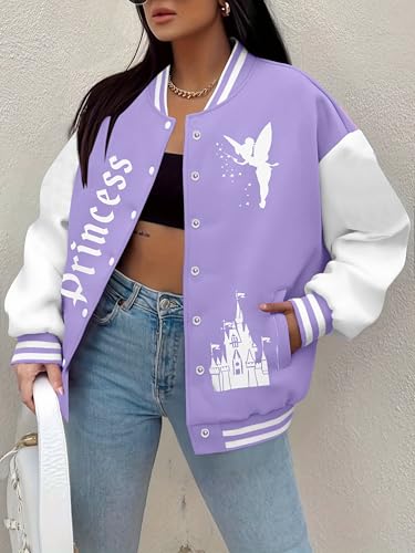 LUKYCILD Women Varsity Jacket Magic Kingdom Shirts Castle Graphic Tops Button Down Jacket Casual Holiday Coats