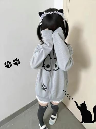 Y2K Cat Graphic Zip Up Hoodie Cutecore Hoodie Cat Print Jacket