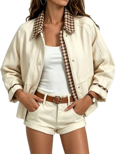 Aimiray Women's Barn Cropped Jacket Lightweight Vintage Plaid Bomber Coat
