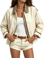 Aimiray Women's Barn Cropped Jacket Lightweight Vintage Plaid Bomber Coat
