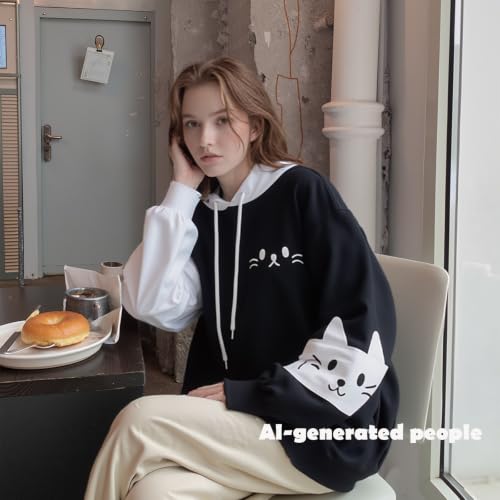 Women Kawaii Cat Ear Hoodie Cute Japanese Anime Hooded Sweatshirt Preppy Meow Graphic Pullover Clothes Fall Winter