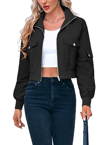 Fisoew Women's Cropped Bomber Jackets Lightweight Zip Up Short Coats
