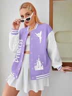 LUKYCILD Women Varsity Jacket Magic Kingdom Shirts Castle Graphic Tops Button Down Jacket Casual Holiday Coats