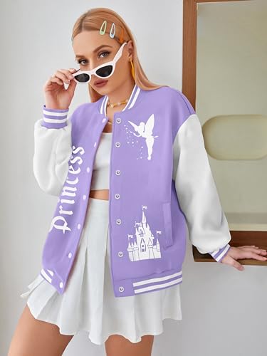 LUKYCILD Women Varsity Jacket Magic Kingdom Shirts Castle Graphic Tops Button Down Jacket Casual Holiday Coats