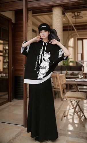 Men Women Y2K Hoodie T-Shirt, Japanese Kawaii Cute Anime Short Sleeve Aesthetic Top Tshirts Streetwear Summer