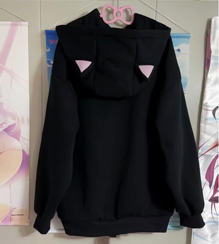 Women's Cute Anime Hoodies Kitten Ears Long Sleeve Hooded Sweatshirts Casual Oversized Y2k Fleece Pullover Tops