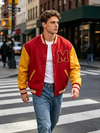 Varsity Letterman Bomber Jacket Red and Yellow PU Leather Sleeves