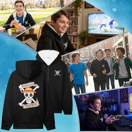 One Piece Hoodie for Boys, Teens, 9-16 Years, Fleece Sweatshirt, Sherpa Hooded Jacket, Zip Up Hoodie, Anime Gifts for Boys