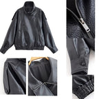 Molilove Women's Leather Jacket Casual Fall Zip Up Jacket Racer Varsity Jackets Biker Motor Coat Outwear