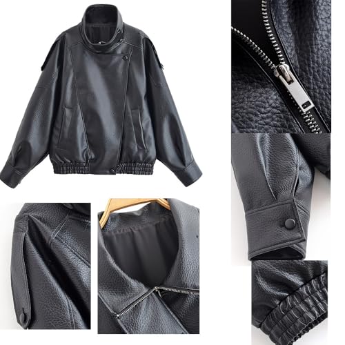 Molilove Women's Leather Jacket Casual Fall Zip Up Jacket Racer Varsity Jackets Biker Motor Coat Outwear