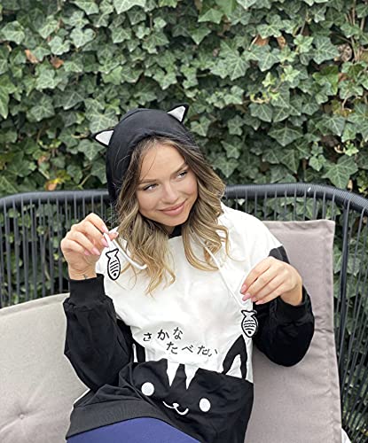 CRB Fashion Cosplay Ladies Anime Bunny Emo Rabbit Hoodie Ears Costume Raccoon Teddy Panda Emo Bear T Shirt Top Shirt (Black Cat)