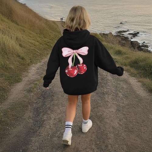 Tuislay Cute Cherry Hoodie For Girls Bow Graphic Hoodies Kids Long Sleeve Hooded Sweatshirt Preppy Coquette Clothes Pullover