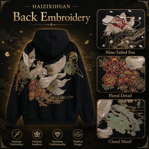 Men's Kitsune Embroidered Hoodie Japanese Streetwear Nine Tailed Fox
