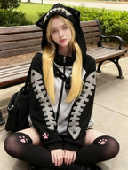 Cat Ear Zip Up Hoodie with Detachable Hood Harajuku Kawaii Fishbone Print