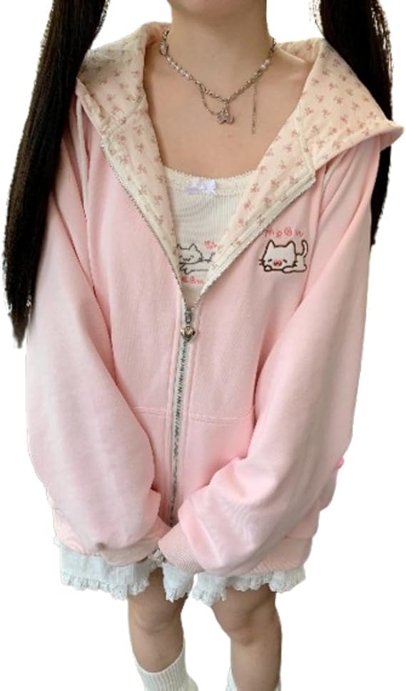 Y2K Zip-Up Cat Ear Oversized Hoodie