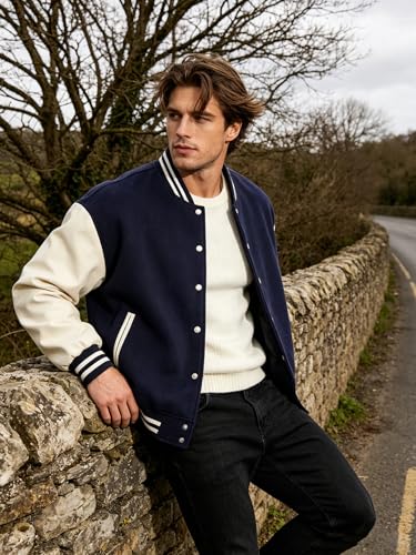 Men's Varsity Jacket Letterman Bomber Faux Leather Sleeve Casual