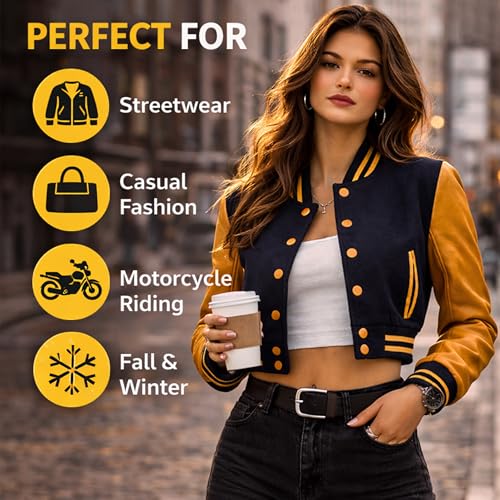 Cropped Varsity Jacket Women - Premium Quality Leather and Wool Baseball Letterman Jacket for Women's, Long Sleeve