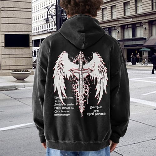 Vintage Streetwear Goth Hoodies for Men Grunge Punk Sweatshirt Gothic Cross Graphic Acid Wash Pullover Hoodie