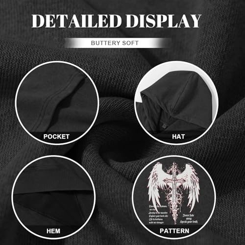 Vintage Streetwear Goth Hoodies for Men Grunge Punk Sweatshirt Gothic Cross Graphic Acid Wash Pullover Hoodie