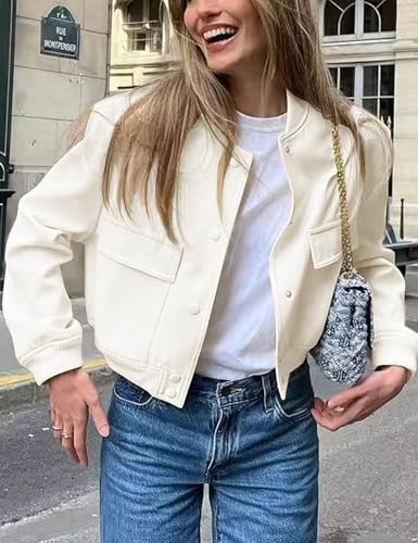 Megfie Womens Cropped Bomber Jacket Button Down Varsity Jackets Shackets