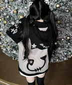 Cat Ear Zip Up Hoodie with Detachable Hood Harajuku Kawaii Fishbone Print