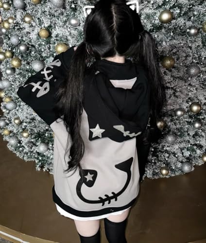 Cat Ear Zip Up Hoodie with Detachable Hood Harajuku Kawaii Fishbone Print