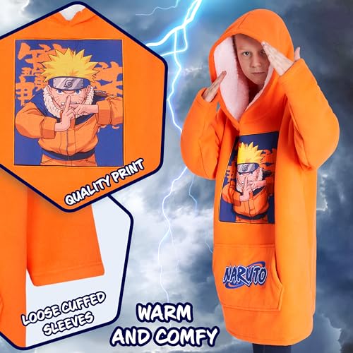 Naruto Fleece Hoodie Blanket for Boys and Teenagers - One Size Kids Oversized Hoodie with Sherpa Lining Gifts for Boys Orange