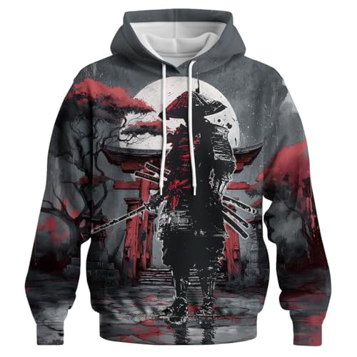 Japanese Warrior Graphic Hoodie for Men Novelty Print Pullover Sweatshirts Long Sleeve