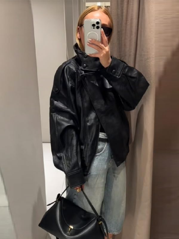 THLAI Black Jacket for Women Faux Leather Coat with Lychee Texture Stand-Up Collar & Long Sleeves Casual Outerwear