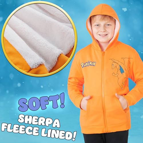 Pokemon Sherpa Fleece Hoodie for Boys, Teens, Ages 7-14, Hooded Zip-Up Sweatshirt, Warm Hoodies, Anime Gifts for Boys
