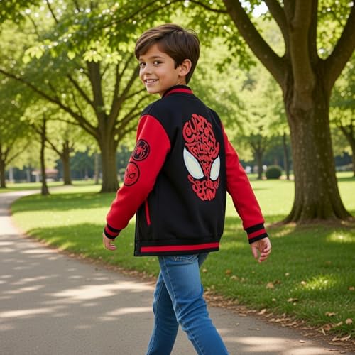 Boys Girls Spiderman Varsity Baseball Jacket With Glow In the Dark Eyes Kids Marvel Spidey Jacket Kids Warm Bomber Coat
