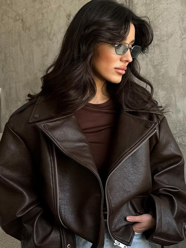 Mandonce Leather Jacket Zip up Oversized Motorcycle Cropped Jacket with Belt Y2K Streetwear Fall Winter Coats for Women 2026
