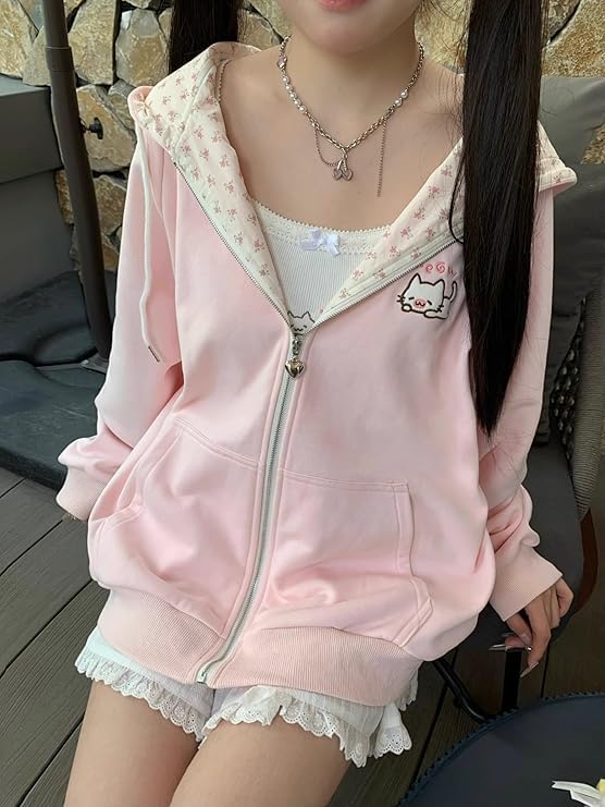 Y2K Zip-Up Cat Ear Oversized Hoodie
