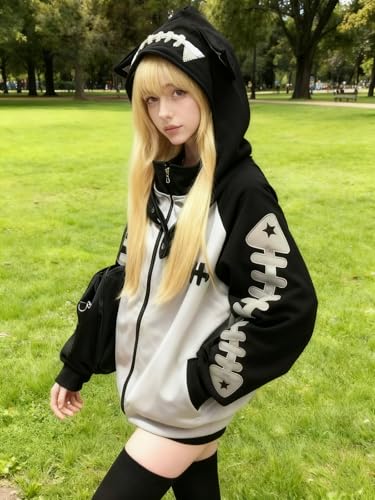 Cat Ear Zip Up Hoodie with Detachable Hood Harajuku Kawaii Fishbone Print