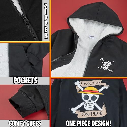 One Piece Hoodie for Boys, Teens, 9-16 Years, Fleece Sweatshirt, Sherpa Hooded Jacket, Zip Up Hoodie, Anime Gifts for Boys