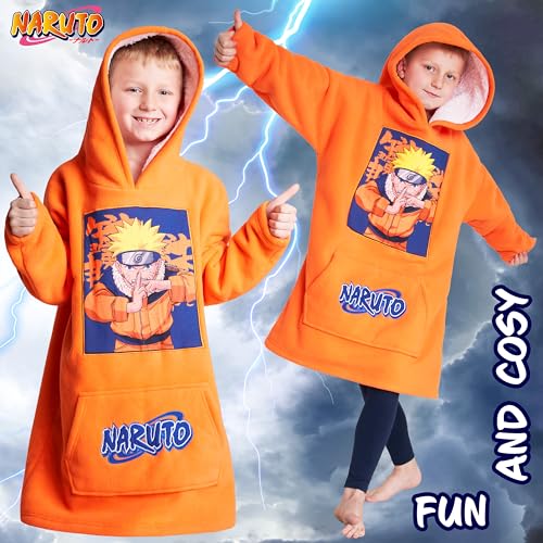 Naruto Fleece Hoodie Blanket for Boys and Teenagers - One Size Kids Oversized Hoodie with Sherpa Lining Gifts for Boys Orange