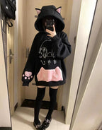 Women's Cute Anime Hoodies Kitten Ears Long Sleeve Hooded Sweatshirts Casual Oversized Y2k Fleece Pullover Tops