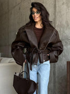Mandonce Leather Jacket Zip up Oversized Motorcycle Cropped Jacket with Belt Y2K Streetwear Fall Winter Coats for Women 2026