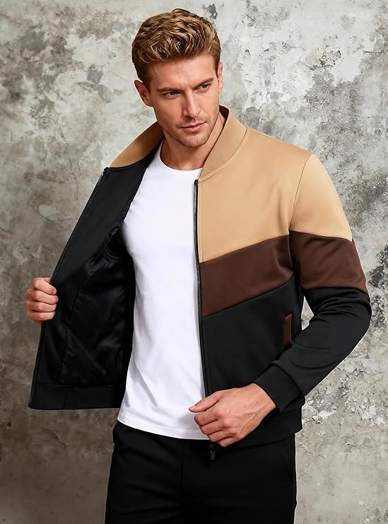 HYPESTFIT Mens Lightweight Jacket Casual Bomber Jacket Color Block Varsity Coat