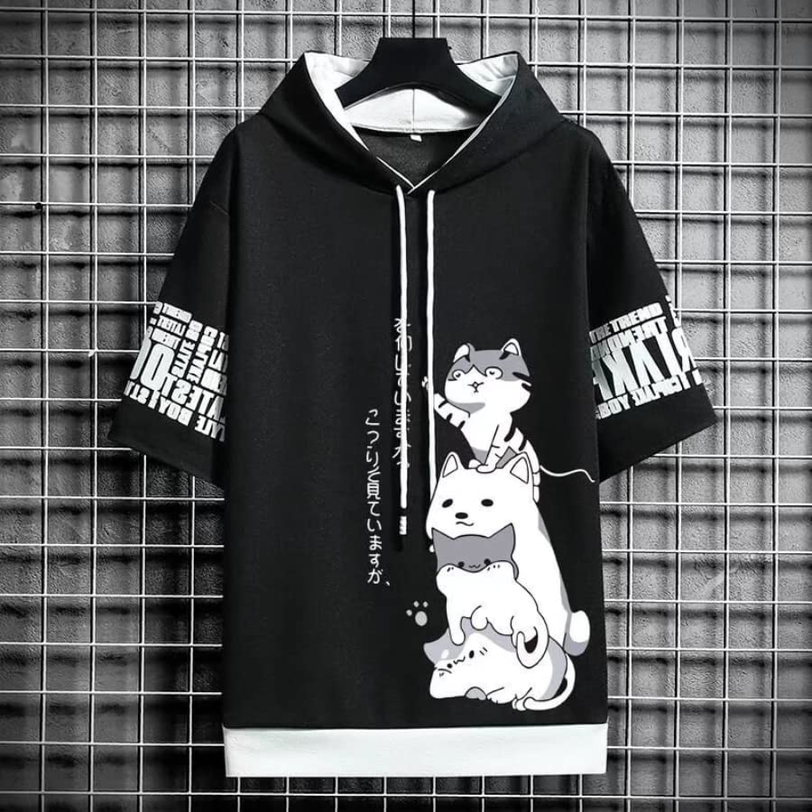 Men Women Y2K Hoodie T-Shirt, Japanese Kawaii Cute Anime Short Sleeve Aesthetic Top Tshirts Streetwear Summer