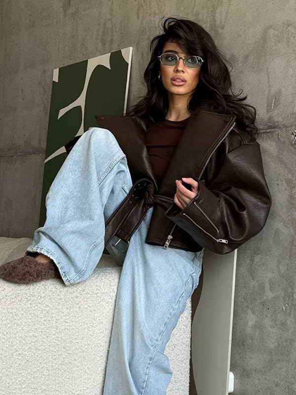 Mandonce Leather Jacket Zip up Oversized Motorcycle Cropped Jacket with Belt Y2K Streetwear Fall Winter Coats for Women 2026