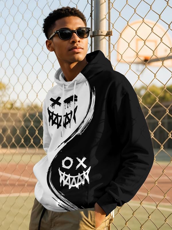 Mens Graphic Hoodies Pullover 3D Print with Pockets, Unisex Anime Black Red Hoodie Sweatshirt for Mens